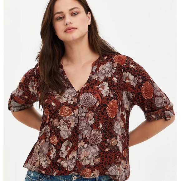 torrid Tops - Torrid Harper - Challis Pullover Floral Brown